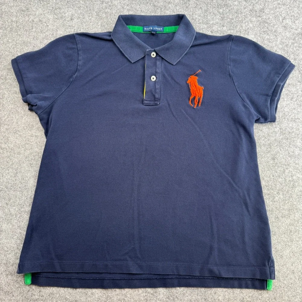 Ralph Lauren Mens Big Pony Polo Shirt Navy Blue Orange XL Short Sleeve Pique
